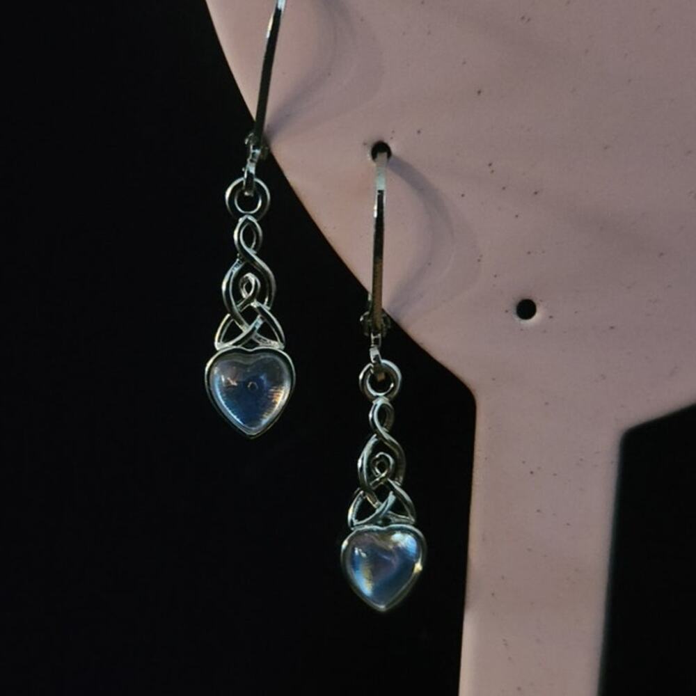 Silver Tone Celtic Knot Leverback Earrings Heart Shaped Faux Moonstone Inlays